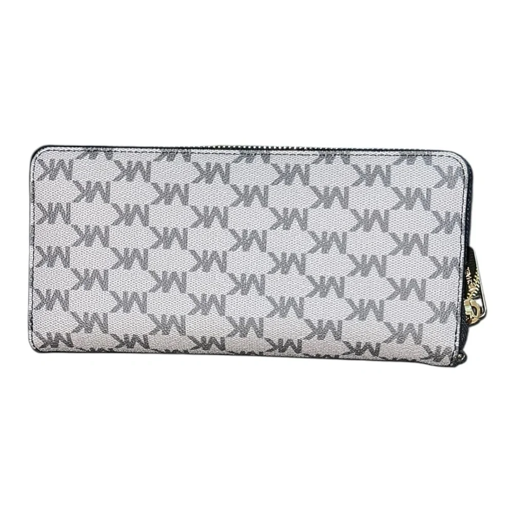 Michael Kors Jet Set Travel Zip Around Wallet MK Logo White Gray PVC